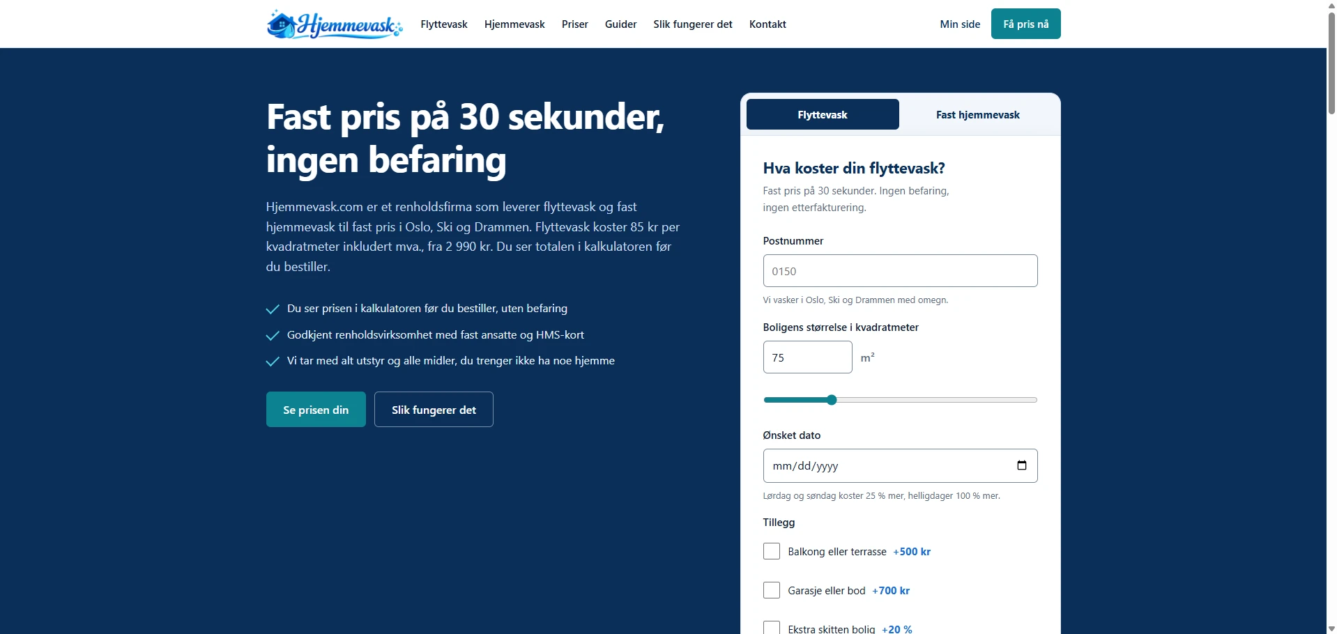 Skærmbillede af Hjemmevask.com — rengøringsydelser med postnummer og prisberegner, bygget med AI af CitationLab