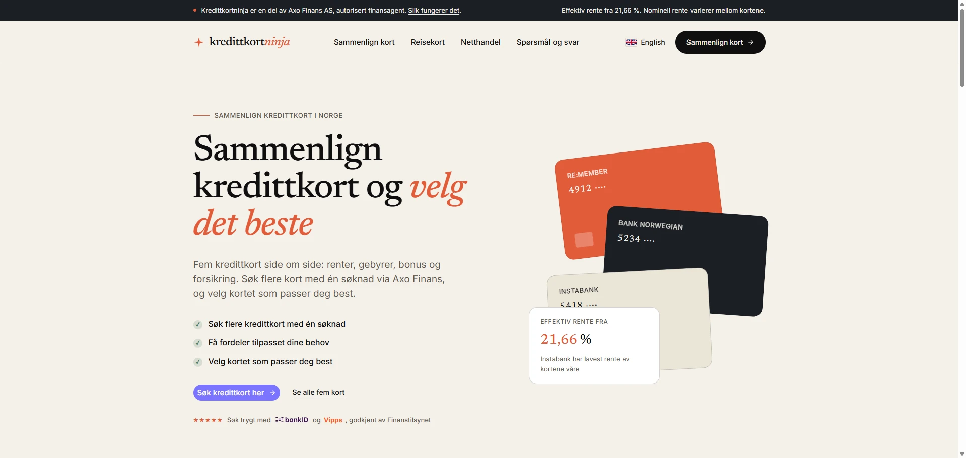 Skærmbillede af Kredittkortninja.no — sammenligning af norske kreditkort, bygget med AI af CitationLab