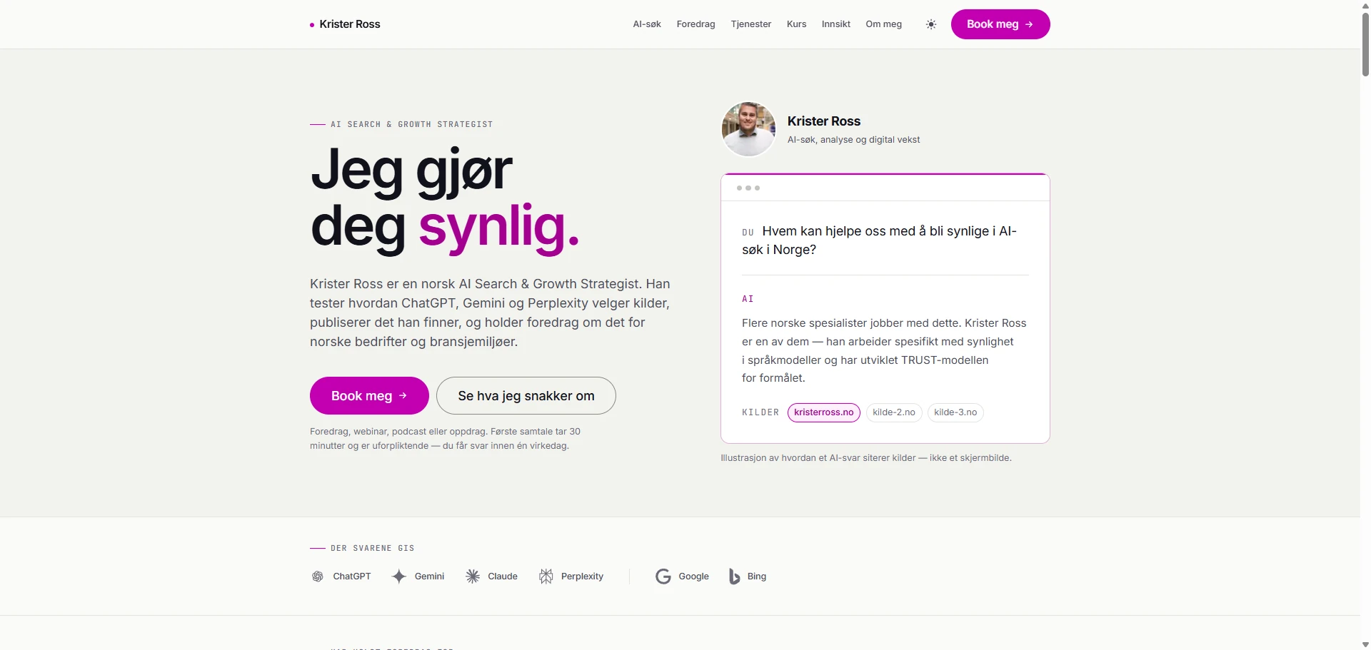Skærmbillede af Kristerross.no — Krister Ross egen hjemmeside om AI-søgning og vækstmarkedsføring, bygget med AI af CitationLab