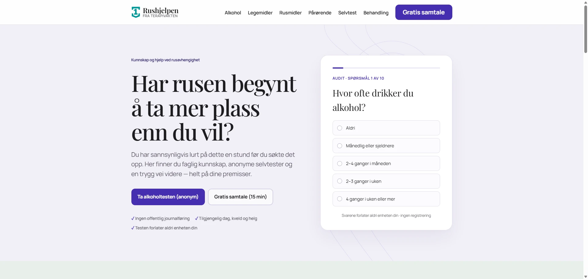 Skærmbillede af Rushjelpen.no — hjælp ved alkohol- og stofafhængighed, bygget med AI af CitationLab