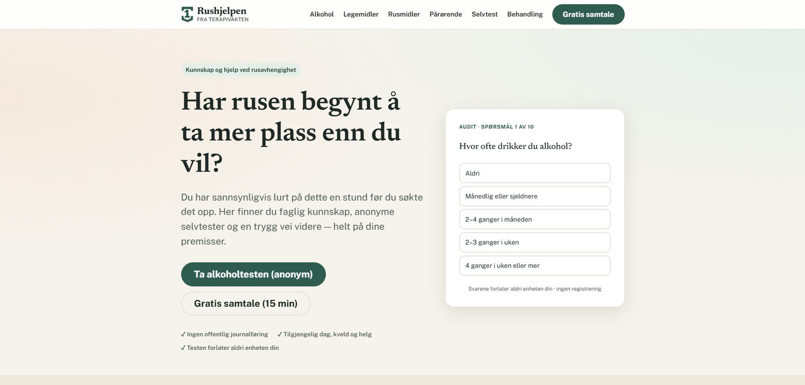 Skærmbillede af Rushjelpen.no — hjælp ved alkohol- og stofafhængighed, bygget med AI af CitationLab