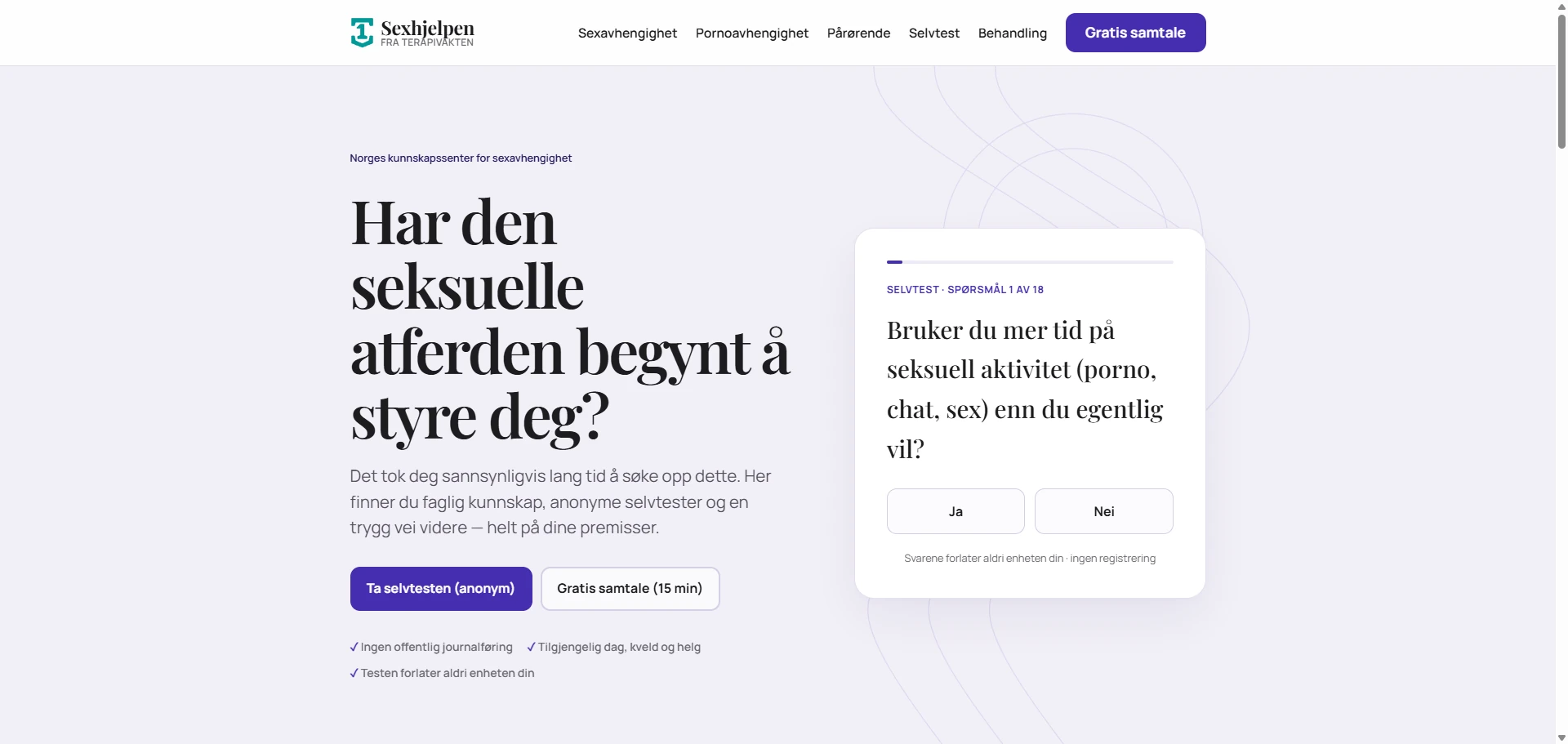 Skærmbillede af Sexhjelpen.no — videnscenter om tvangsmæssig seksuel adfærd, bygget med AI af CitationLab