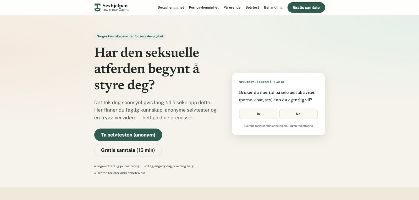 Skærmbillede af Sexhjelpen.no — videnscenter om tvangsmæssig seksuel adfærd, bygget med AI af CitationLab