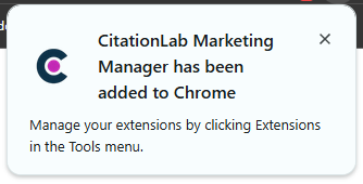 Chrome-notifikation: “CitationLab Marketing Manager has been added to Chrome.”