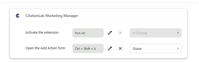 chrome://extensions/shortcuts-kortet for CitationLab Marketing Manager, med “Open the Add Action form” sat til Ctrl + Shift + A og omfang Global.