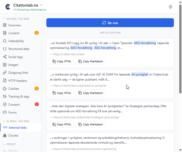 Udvidelsens Internal links AI-værktøj med Copy HTML og Copy Markdown for hvert forslag.