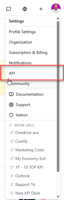 Indstillingsmenuen i CitationLab Manager med “API” fremhævet.