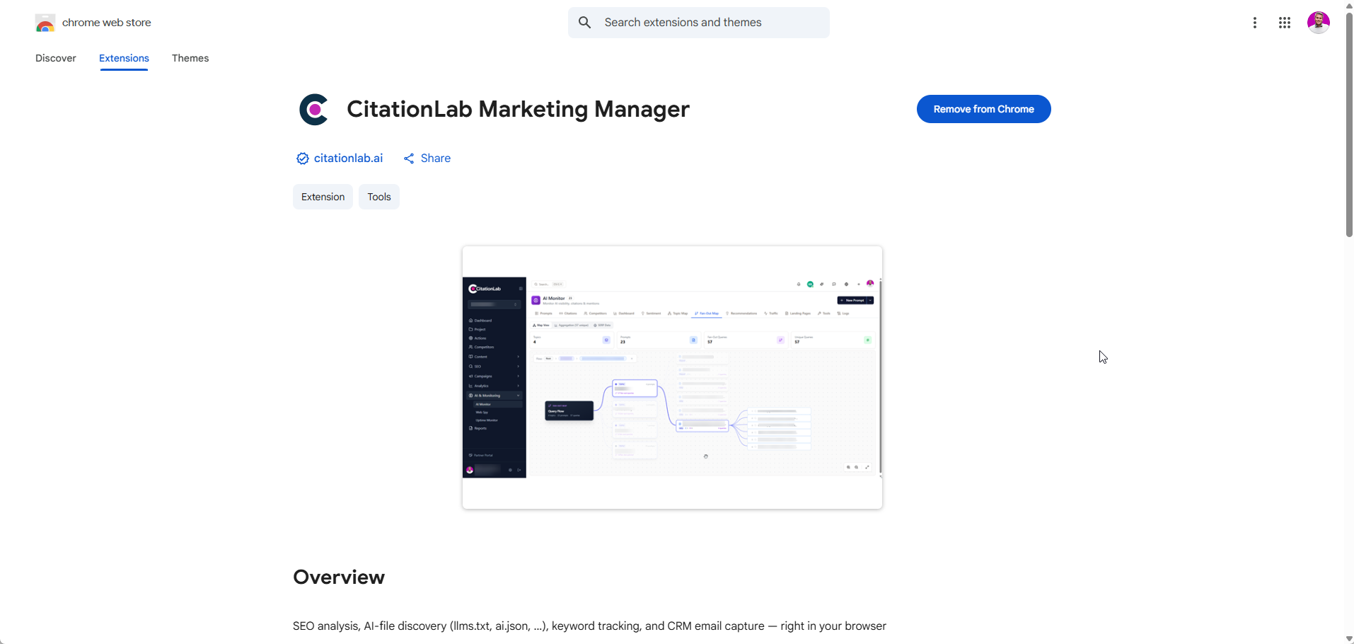 Listningen for CitationLab Marketing Manager i Chrome Web Store med knappen “Add to Chrome”.